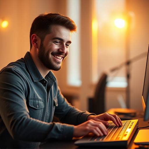 Imagen de un hombre sonriendo mientras escribe en un teclado, simbolizando la comunicación y la respuesta rápida